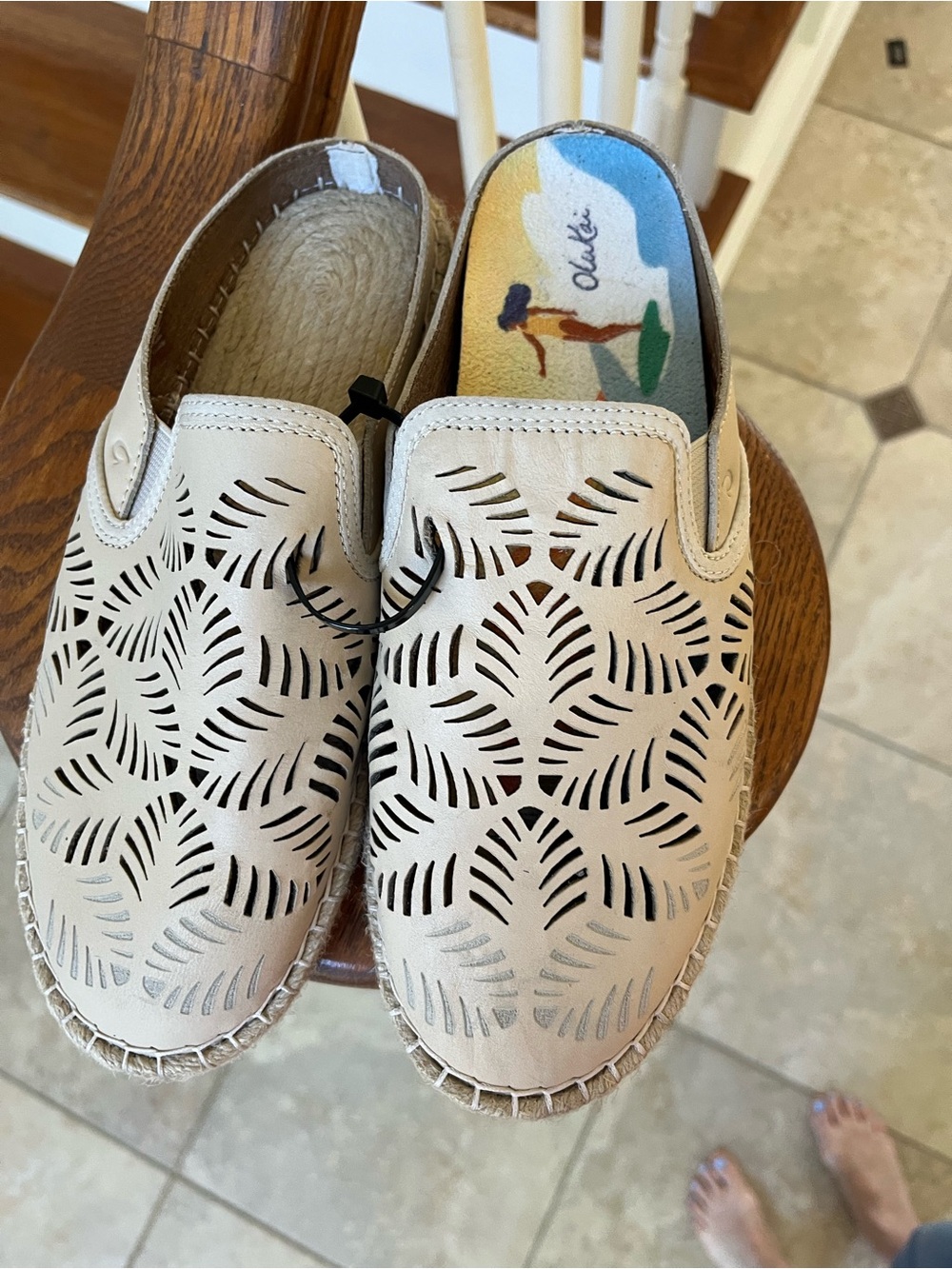 OluKai Women's Cream Laser-Cut Slip-On Espadrille Mules